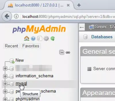 Πίνακας επιδιόρθωσης PHPMyAdmin : Άνοιγμα δομής πίνακα