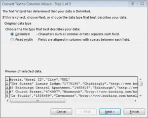 Microsoft Excel paste CSV into cells : Step 1 select Delimited file type