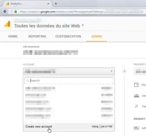 Google Analytics how to add a website to your account and get a Tracking ID : Create new account button in admin tab