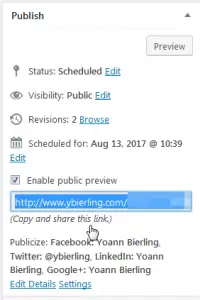 Wordpress see a scheduled post when not logged in : Enable public preview option and shareable link