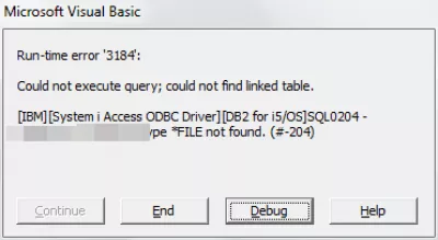 MS Access Oracle ODBC driver : Fig 1 : Access error Run-time error 3184: Could not execute query; could not find linked table. [IBM][System i Access ODBC Driver][DB2 for i5/OS]SQL0204 - Table in DB Name type *FILE not found. (#-204)". The solution to link an Oracle table to an Access Database is quite simple.