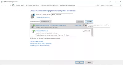 Server DLNA pe Windows 10: transmisie media pe SmartShare TV : Dezactivați fluxul media pe Windows 10 cu butonul blocați toate