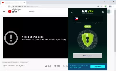 Get around Youtube error The uploader has not made this video available in your country : Remote VPN service Chrome extension connected and secured