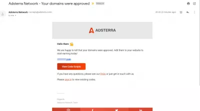 Adsterra Review：あなたは彼らの広告からどれだけ作ることができますか？ : Adsterraドメイン承認Eメールがウェブサイトを送信してから5分以内に受信