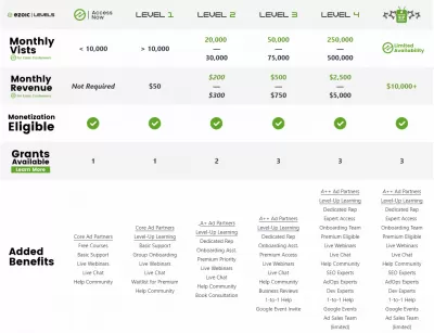 Features of Ezoic levels from basic to VIP