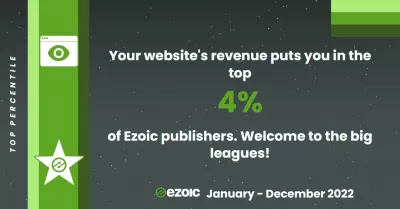 Naše Ezoic Hlavné prvky za 1. januára 2022 do 31. decembra 2022 : Najvyšší percentil - Our websites' revenue puts us in the top 4% of Ezoic publishers. Welcome to the big leagues!