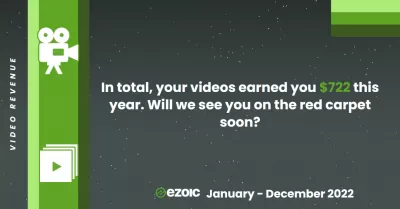 Ár Ezoic Buaicphointí don 1 Eanáir, 2022 go 31 Nollaig, 2022 : Ioncam físe - In total, our videos earned us $722 this year. Will you see us on the red carpet soon?