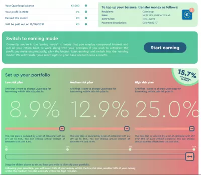 Recensione di Quanloop: Quanloop è legittimo? : Dashboard di investimento di Quanloop: selezionare la quota di portafoglio tra investimenti a basso, medio e alto rischio