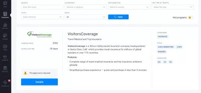 Partnerski programi Travelpayouts, ki plačujejo za klike: Partnerski program letalskih družb, hotelov in potovanj : VisitorsCoverage pridruženi program potovalnega zavarovanja