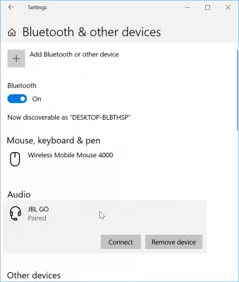 How to solve Bluetooth paired but not connected on Windows 10? : Bluetooth and other devices menu with Bluetooth connect option