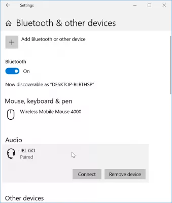 Kuidas lahendada Windows 10-ga ühendatud, kuid ühendamata Bluetooth? : Bluetoothi ​​ja muude seadmete menüü Bluetooth-ühenduse võimalusega