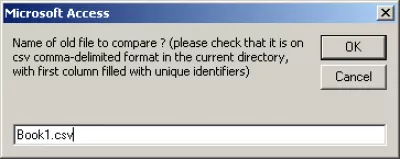 Comment comparer 2 fichiers CSV avec MS Access : Fig 6: Fournir le premier nom de fichier dans Compare2CSVfiles-v1.2.mdb