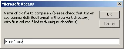 Cómo comparar 2 archivos CSV con MS Access : Fig 6: Proporcionar el primer nombre de archivo en Compare2CSVfiles-v1.2.mdb