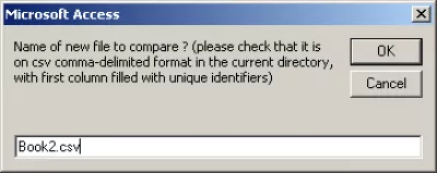 Cómo comparar 2 archivos CSV con MS Access : Fig. 7: Proporcionar un segundo nombre de archivo en Compare2CSVfiles-v1.2.mdb