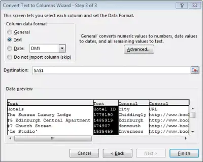 Paste CSV into Excel : Step 3 change column format to text