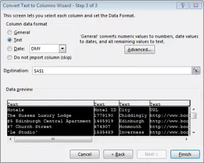 Paste CSV into Excel : Step 3 select multiple Excel spreadsheet columns