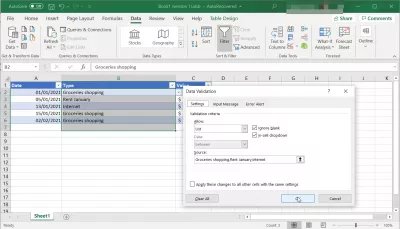 Excel: استخدم الجدول كقائمة منسدلة للتحقق من صحة البيانات : إنشاء قائمة تحقق مخصصة عن طريق الإدخال المباشر