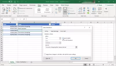 Excel：テーブルをデータ検証リストとして使用ドロップダウン : 空白セルを許可したデータ検証リスト