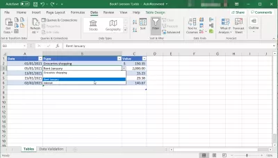 Excel：テーブルをデータ検証リストとして使用ドロップダウン : ドロップダウンとは何ですか？ドロップダウンリストは、図のようにセル右側の下向きの三角形▼から入力したい内容を選択できる機能です。選択内容は自動的にセルに入力されます。