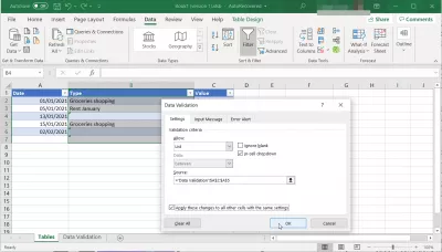 Excel: Sử dụng Bảng dưới dạng Danh sách Xác thực Dữ liệu thả xuống : Nhấp vào xóa tất cả để xóa menu thả xuống xác thực dữ liệu