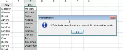 Ocorrências de contagem do Excel : Resumo de resultado de operação Remover Duplicatas