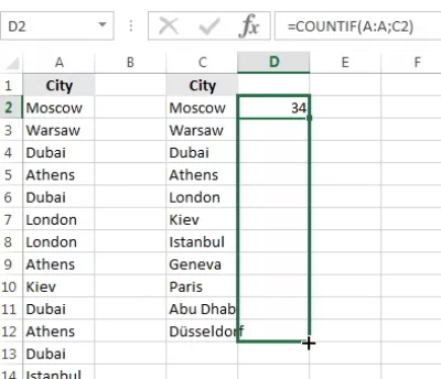 Excelのカウントの発生 : 発生回数をカウントするすべての値のcountif式の拡張Excel