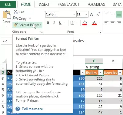 Nola egin taula bat Excel-en itxura ona izan dadin : Formatetako margolariaren formatu-formatua kopiatzeko