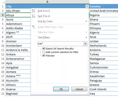 Excel wildcard filter : Resultat som börjar med en sträng och slutar med alla teckenkedjor med hjälp av Excel wildcard * asterisk