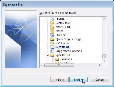 Export OutLook contacts to CSV : Export folder selection, for example Sent Items