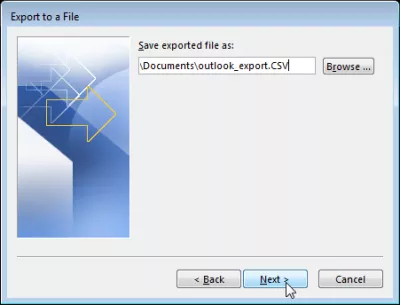 Eksportuj OutLook kontaktów do pliku CSV : Eksportuj nazwę pliku i wybór folderu