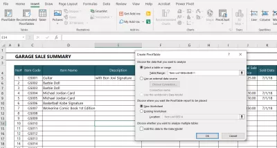 Hvordan lage en pivottabell i Excel : Figur 3: Lag Pivot Table Pop-up-vindu.