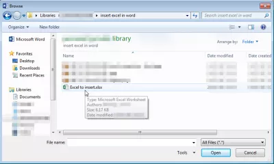 Убаците Екцел датотеку у Ворд : Изаберите датотеку за уметање