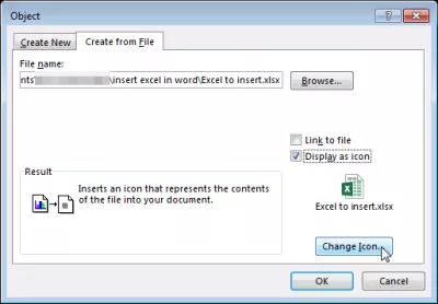 Umetnite Excel datoteku u Word : Ne zaboravite odabrati Zaslon kao ikonu i ikonu Promijeni da biste unijeli značajan naziv