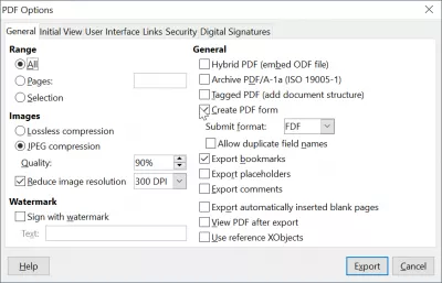 Bumalik ang LibreOffice sa mga pag-i-export ng PDF : Larawan 2: Mga parameter ng pag-i-export ng LibreOffice PDF