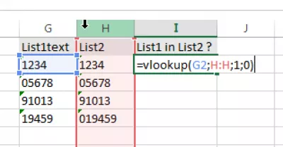 Comment faire un vlookup dans Excel? Excel aide vlookup : Fig09 Appliquer vlookup sur les deux listes collées en tant que texte