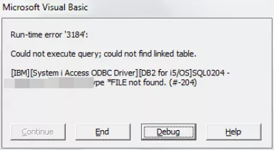 MS Access Oracle ODBC驱动程序 : Fig 1 : 访问 error Run-time error 3184: Could not execute query; could not find linked table. [IBM][System i 访问 ODBC Driver][DB2 for i5/OS]SQL0204 - Table in DB Name type *FILE not found. (#-204)". The solution to link an Oracle table to an 访问 Database is quite simple.