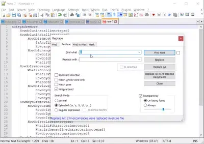 Supprimez tous les caractères indésirables à l'aide du bloc-notes et du bloc-notes ++: espaces blancs, tabulation, etc. : Tous les espaces blancs supprimés dans le texte Notepad ++