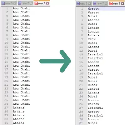 Notepad ++ randomize, ordenar linhas aleatoriamente : Entradas ordenadas antes e depois da randomização