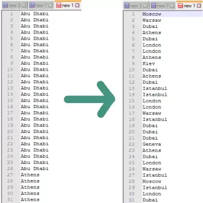 Notepad++ randomize, sort lines random : Ordered entries before and after randomization 