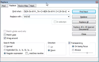 Notepad++ extract email addresses from text file in few steps : Replace email addresses to add line break before and after each of them 