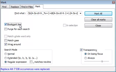 Notepad++ extract email addresses from text file in few steps : Options to mark lines containing only an email address 