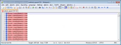 Notepad ++ dažos soļos ekstrahē e-pasta adreses no teksta faila : Nobeiguma fails, kurā ir tikai e-pasta adreses