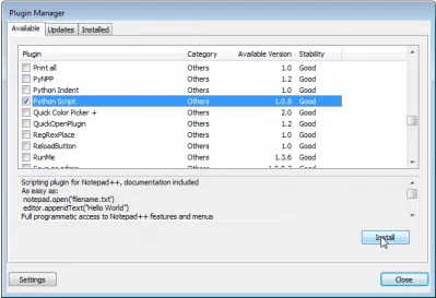 Notepad ++ installera Python Script plugin med Plugin Manager : Välj Python Script plugin