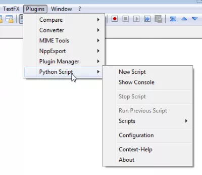 Notepad ++ menginstal plugin Python Script dengan Plugin Manager : Temukan plugin baru Python Script di bawah menu Plugins