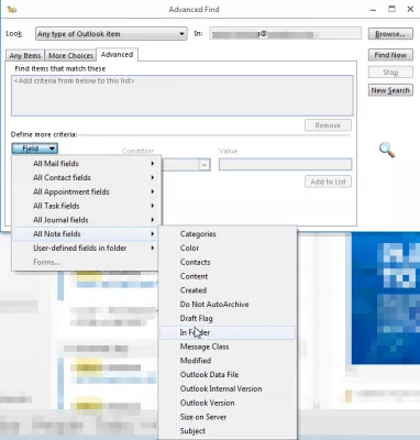 Outlook find folder of email in few easy steps : Advanced find, search in folder properties 