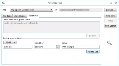 Outlook מצאת תיקיית דואר אלקטרוני בכמה צעדים פשוטים : הוסף קריטריונים לרשימת החיפוש