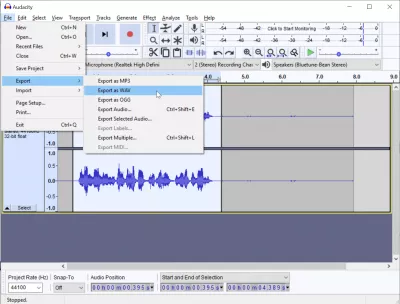 Como gravar voz no Windows 10 facilmente com o Audacity? : Menu editar> exportar como WAV