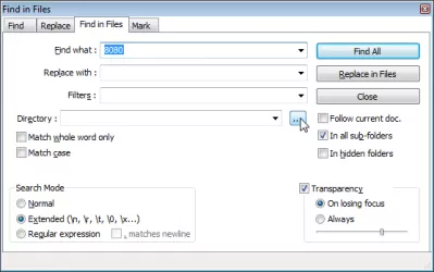 Windows recherche du texte dans des fichiers et des dossiers avec Notepad ++ : Ouvrir un répertoire de navigation