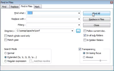 Windows recherche du texte dans des fichiers et des dossiers avec Notepad ++ : Rechercher dans les options de fichiers