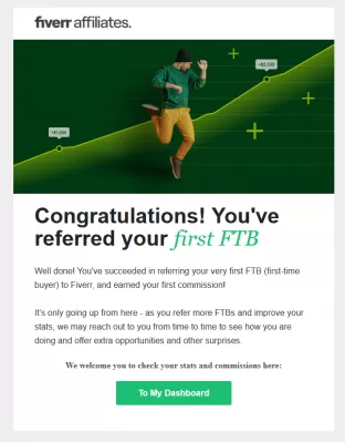 Fiverr Affiliate Program Review : Email notification from Fiverr affiliate for FTB or First-Time Buyer, the first commission from the Fiverr referral program